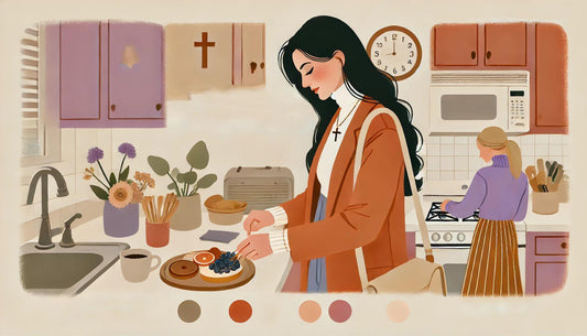 Real-life-inspired image of a busy woman in a cozy setting, quietly connecting with God during her daily routine. The warm colors reflect a peaceful moment amidst busyness, symbolizing her connection with faith.