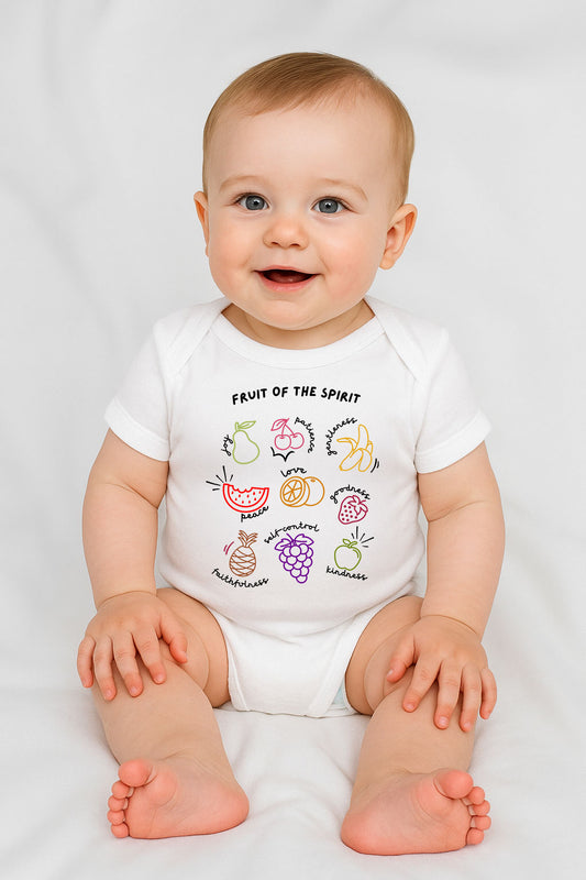 White baby bodysuit with a joyful “Fruit of the Spirit” Bible verse design for infants