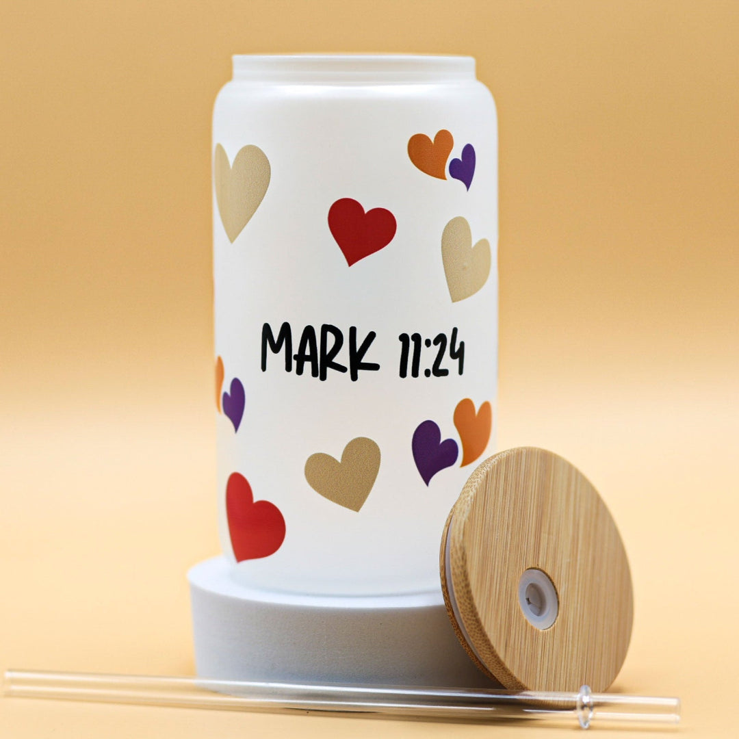 Frosty glass cup with the design featuring Mark 11:24.