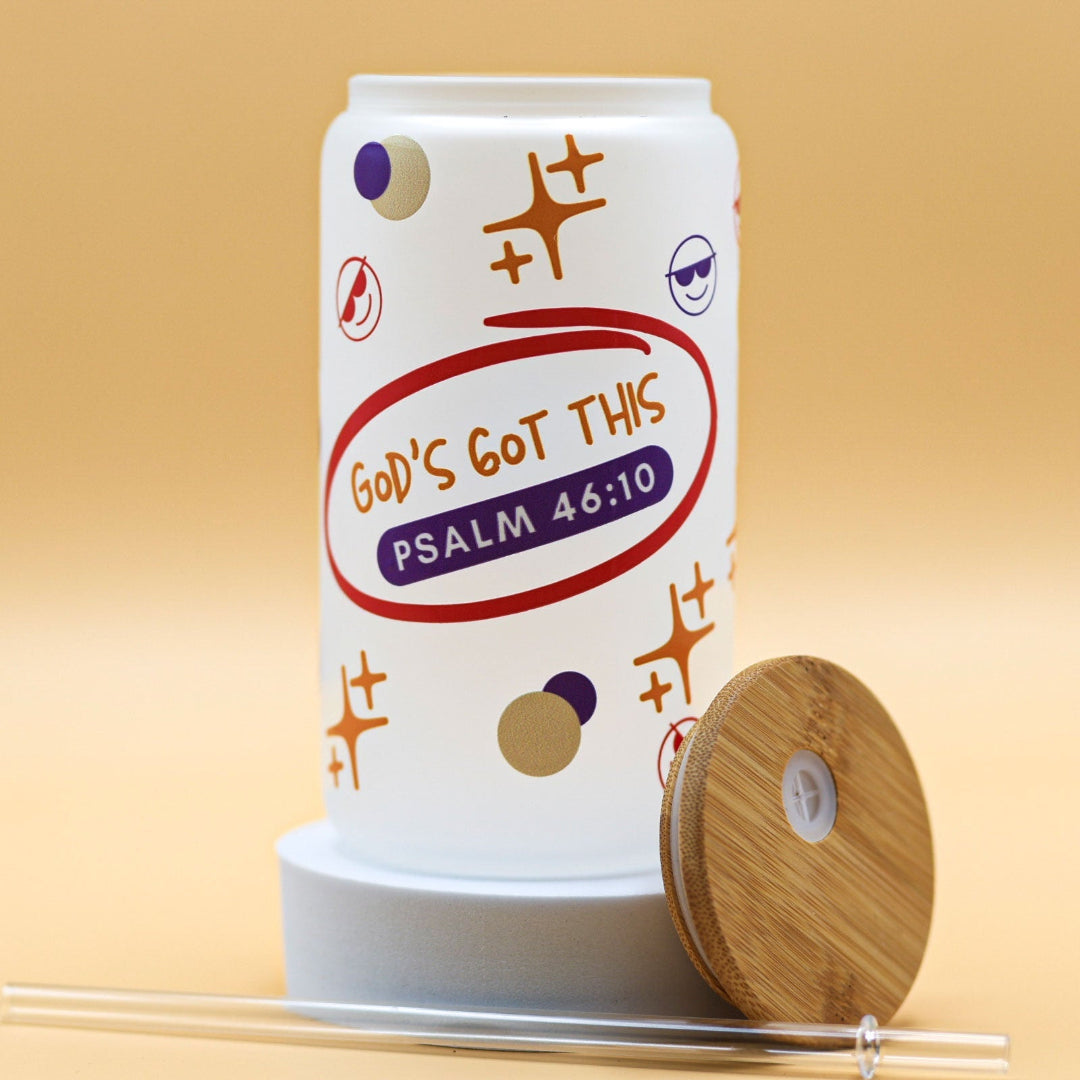 Frosty glass cup with the phrase ‘Chill! God’s got this’ inspired by Psalm 46:10, a lighthearted reminder to trust in God’s control and plan.