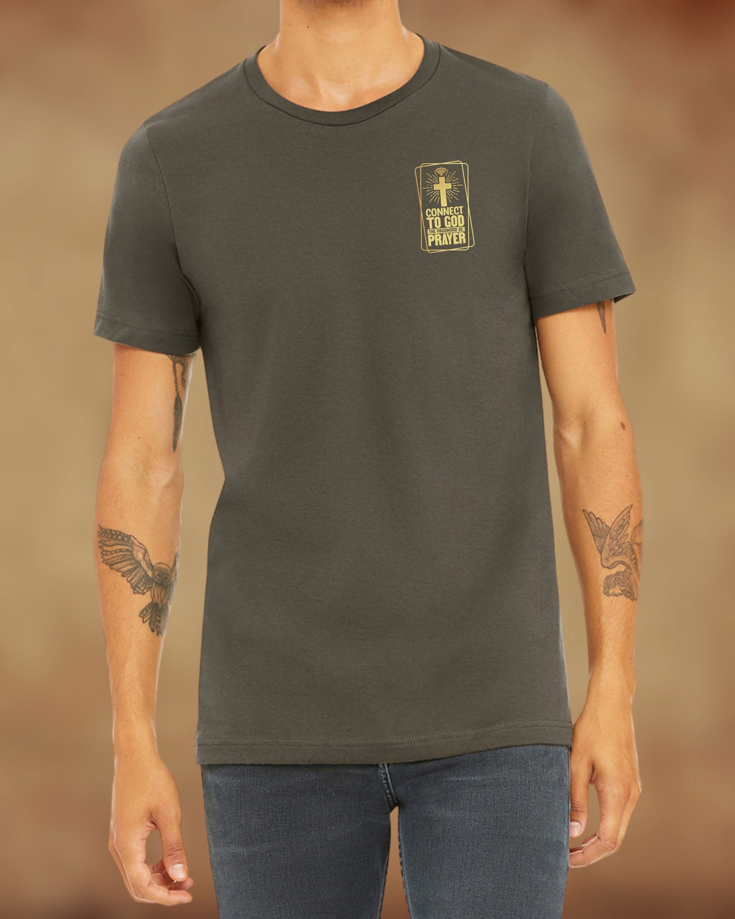 Front view of a Christian men’s tee with a cross and Wi-Fi signal icon and the words “Connect to God – The Password Is Prayer.”