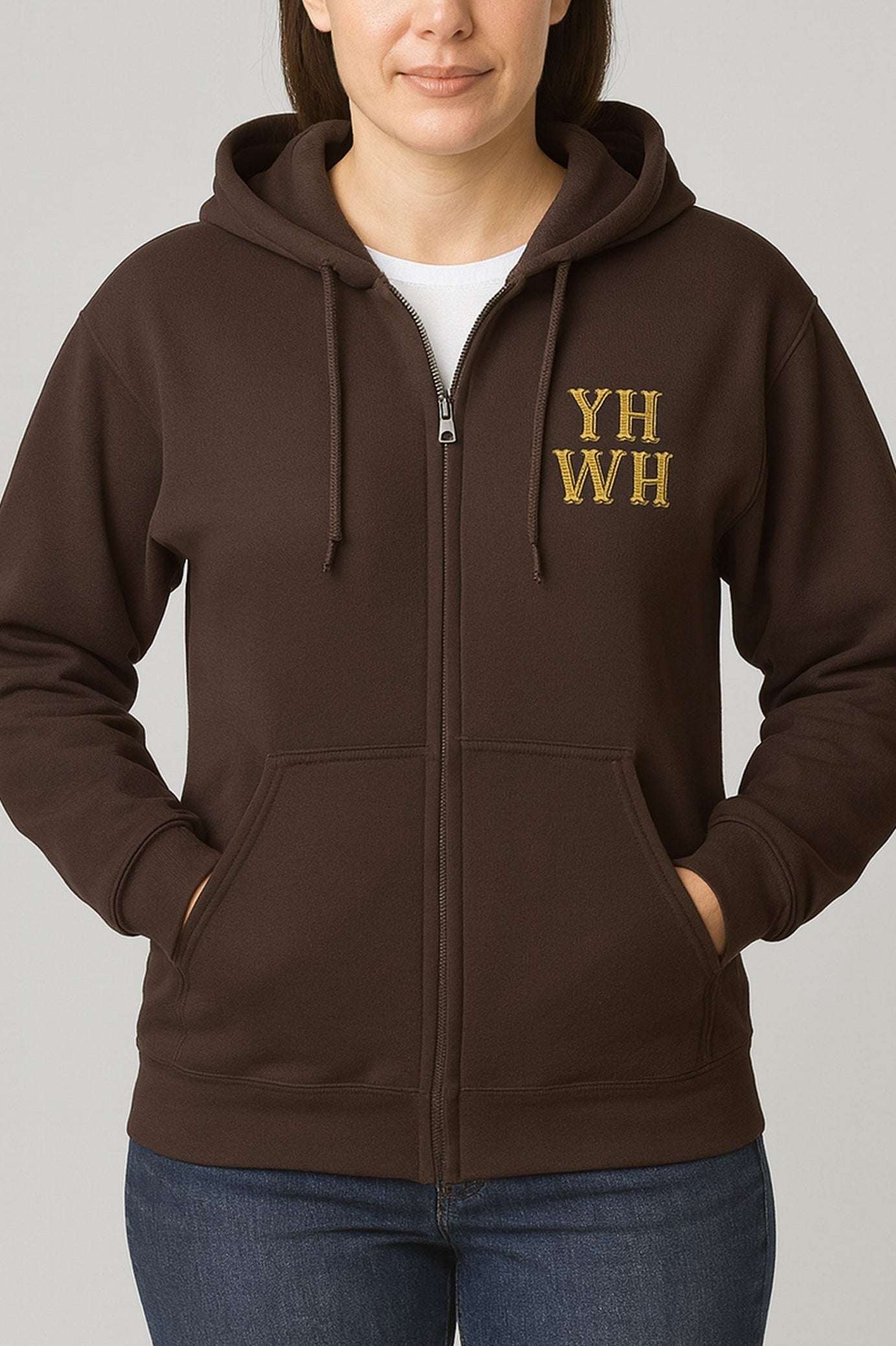 Dark chocolate full-zip hoodie featuring YHWH design on the left chest