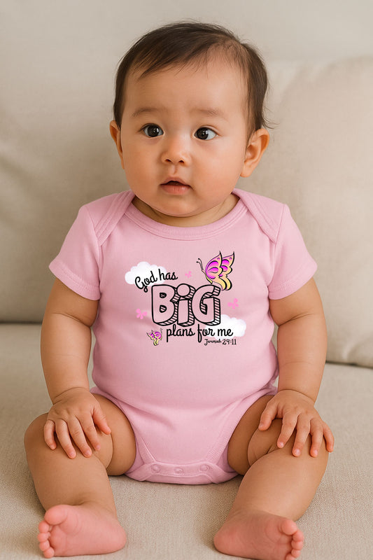 Baby bodysuit in pink with butterfly and “God Has Big Plans” design from Jeremiah 29:11
