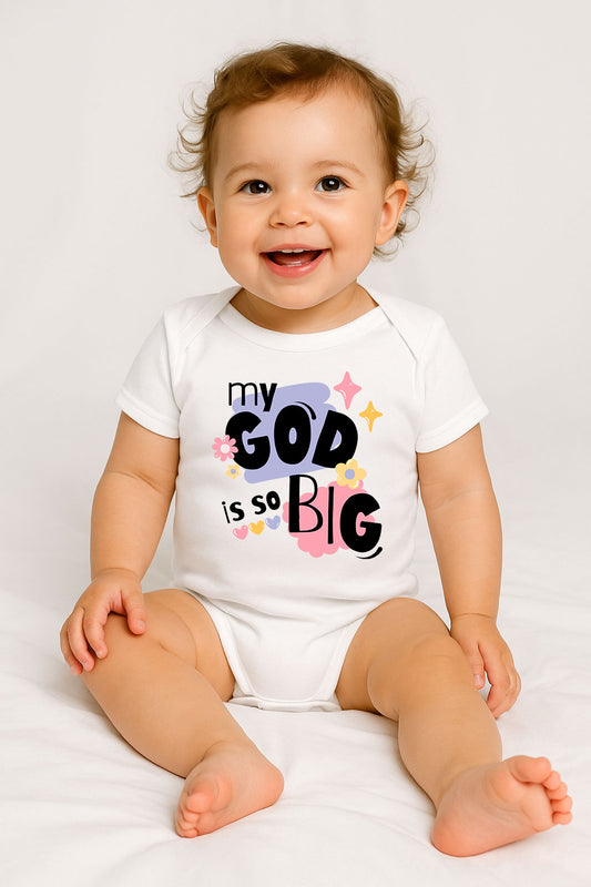 Baby bodysuit in white with “My God Is So Big” girl design and pastel flowers