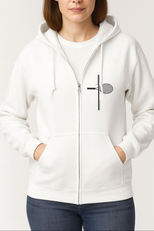 White zip hoodie with Christian cross and beach tennis racket design on the front.