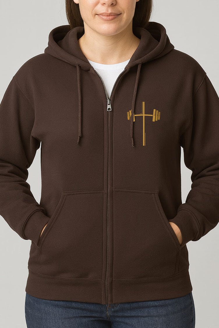 Front view of dark chocolate zip-up hoodie with small cross and barbell design in yellow gold.