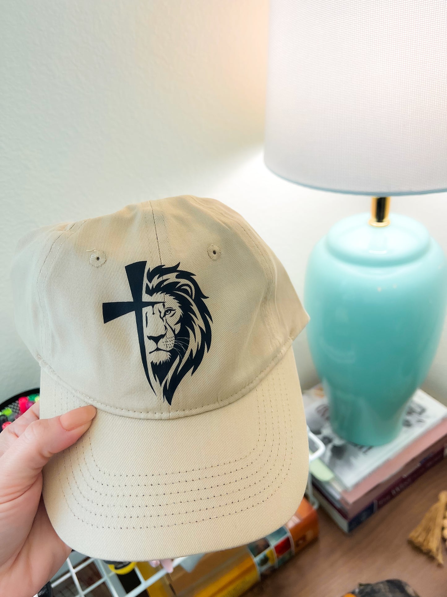 Tan cotton cap with DTF printed Lion of Judah and cross design