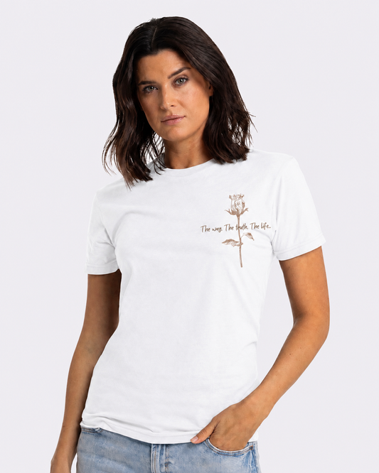 White CVC unisex Christian T-shirt with a rose and “The Way, The Truth, The Life” John 14:6 design on the front.