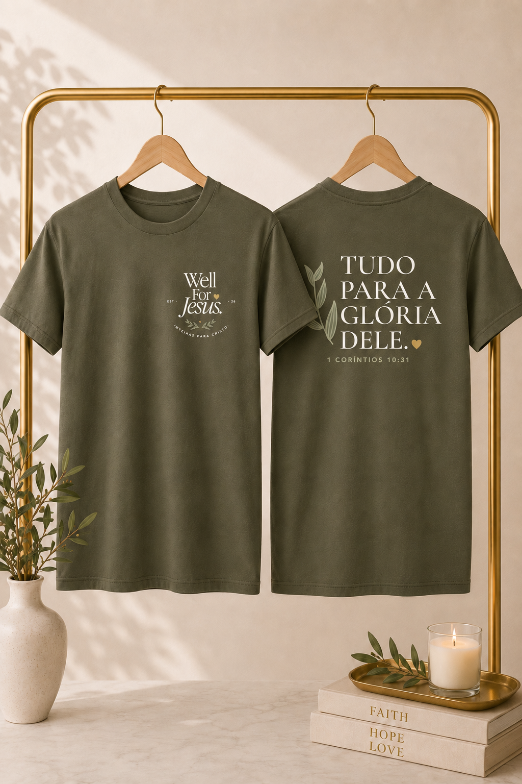 Two olive green graphic t-shirts hanging on a gold metal rack against a warm beige wall. The left shirt shows the front with the text 'Well For Jesus' in white, and the right shirt shows the back with the Portuguese text 'TUDO PARA A GLORIA DELE.