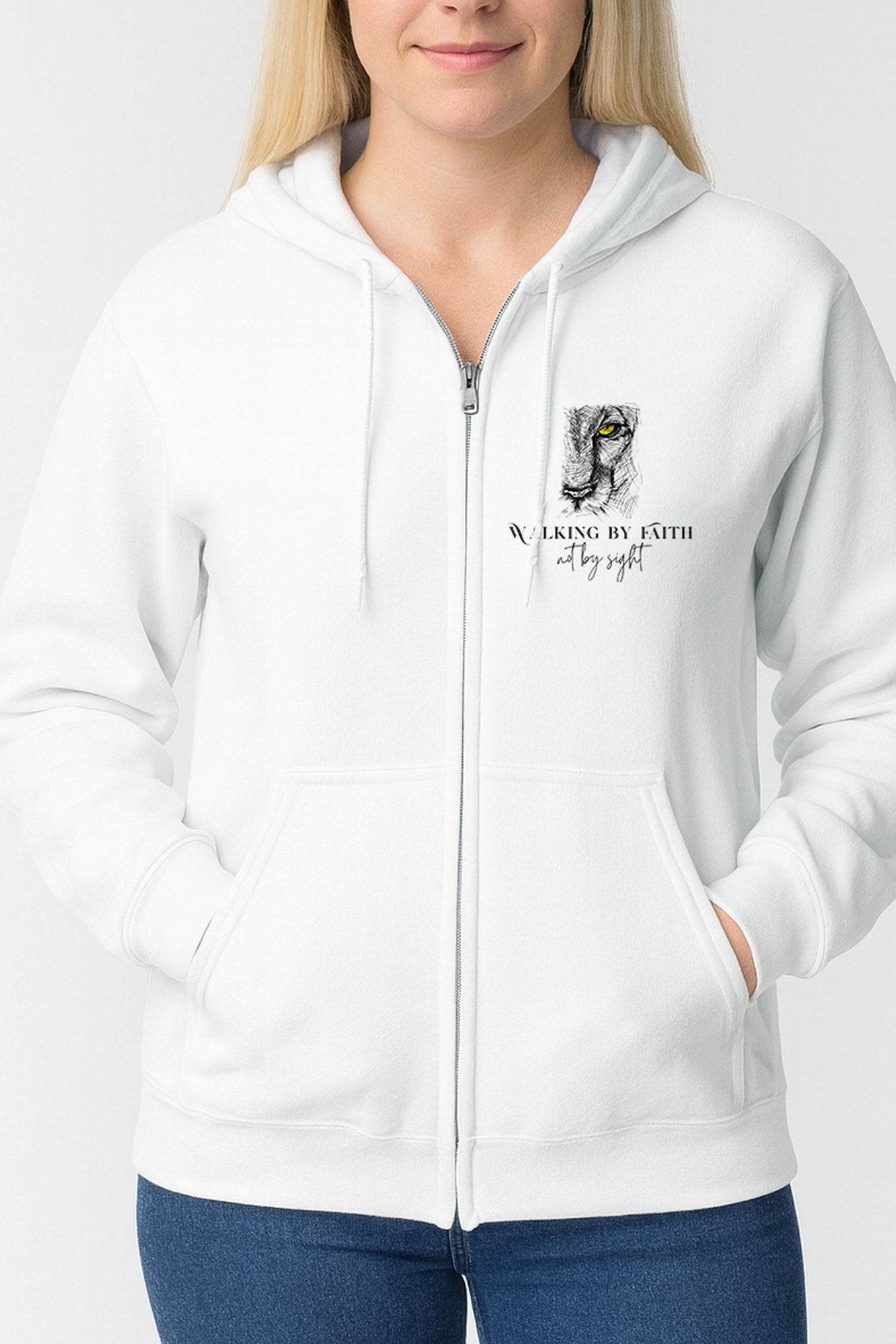 White full-zip hoodie with lion illustration and ‘Walking by Faith Not by Sight’ small front design