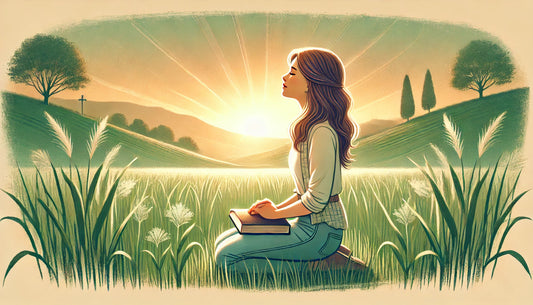 Woman praying with an open Bible at sunrise in a peaceful natural setting.