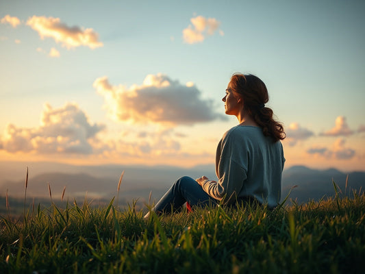 Woman sitting peacefully on a grassy hill at sunset, looking out at the horizon with clouds glowing in the golden light. She appears calm and reflective, wearing a long-sleeved top and jeans, surrounded by nature and a panoramic mountain view.
