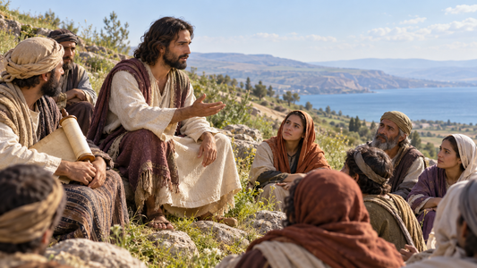 Jesus teaching a group on a hillside near the Sea of Galilee