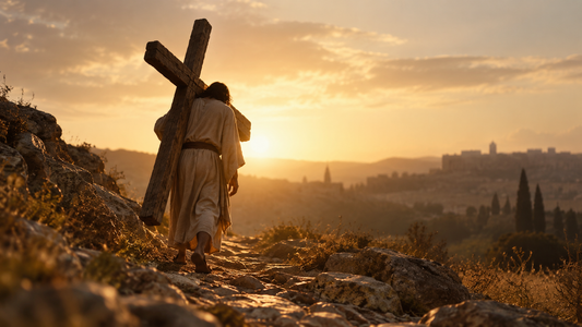 A person carrying a wooden cross along a rocky path at sunset, illustrating Jesus’ call to discipleship.