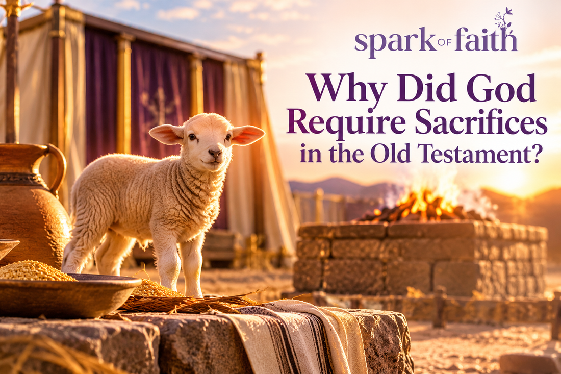 Lamb by the tabernacle and altar at sunset, with Spark of Faith logo and article title about Old Testament sacrifices.