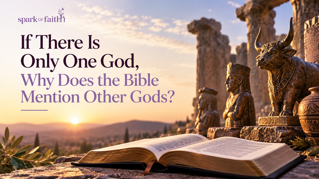 Open Bible beside ancient Near Eastern idols at sunset, with the article title about why Scripture mentions other gods and the Spark of Faith logo.
