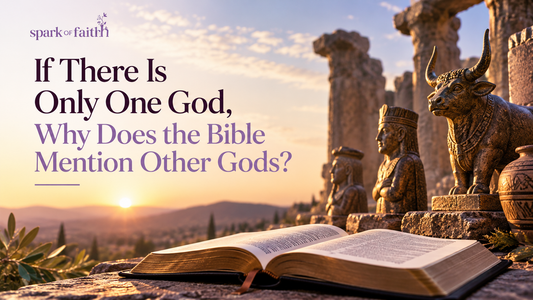 Open Bible beside ancient Near Eastern idols at sunset, with the article title about why Scripture mentions other gods and the Spark of Faith logo.