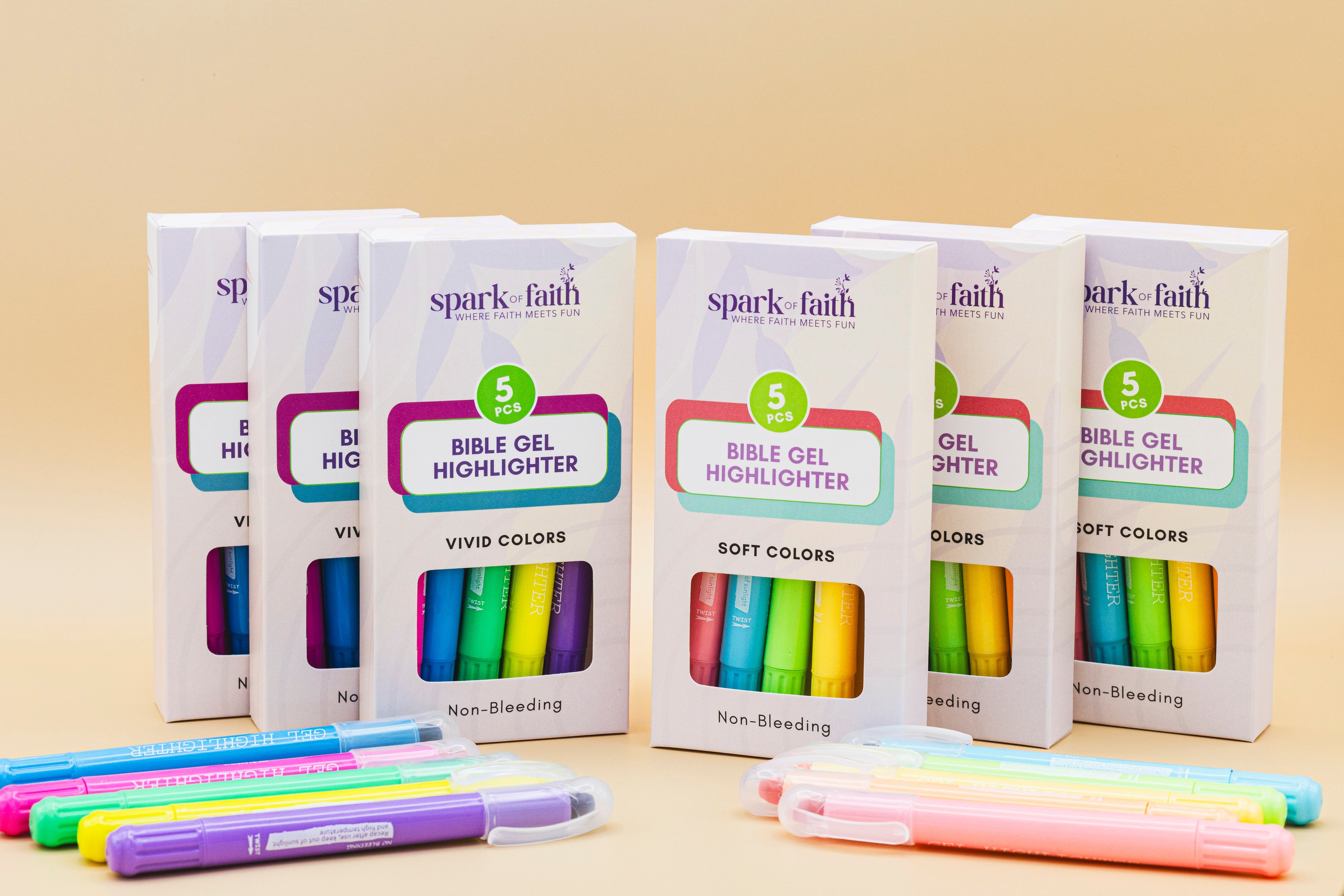Bible Gel Highlighters in both vibrant and soft colors, designed to highlight thin Bible pages without bleed-through, perfect for organized and focused Bible study.