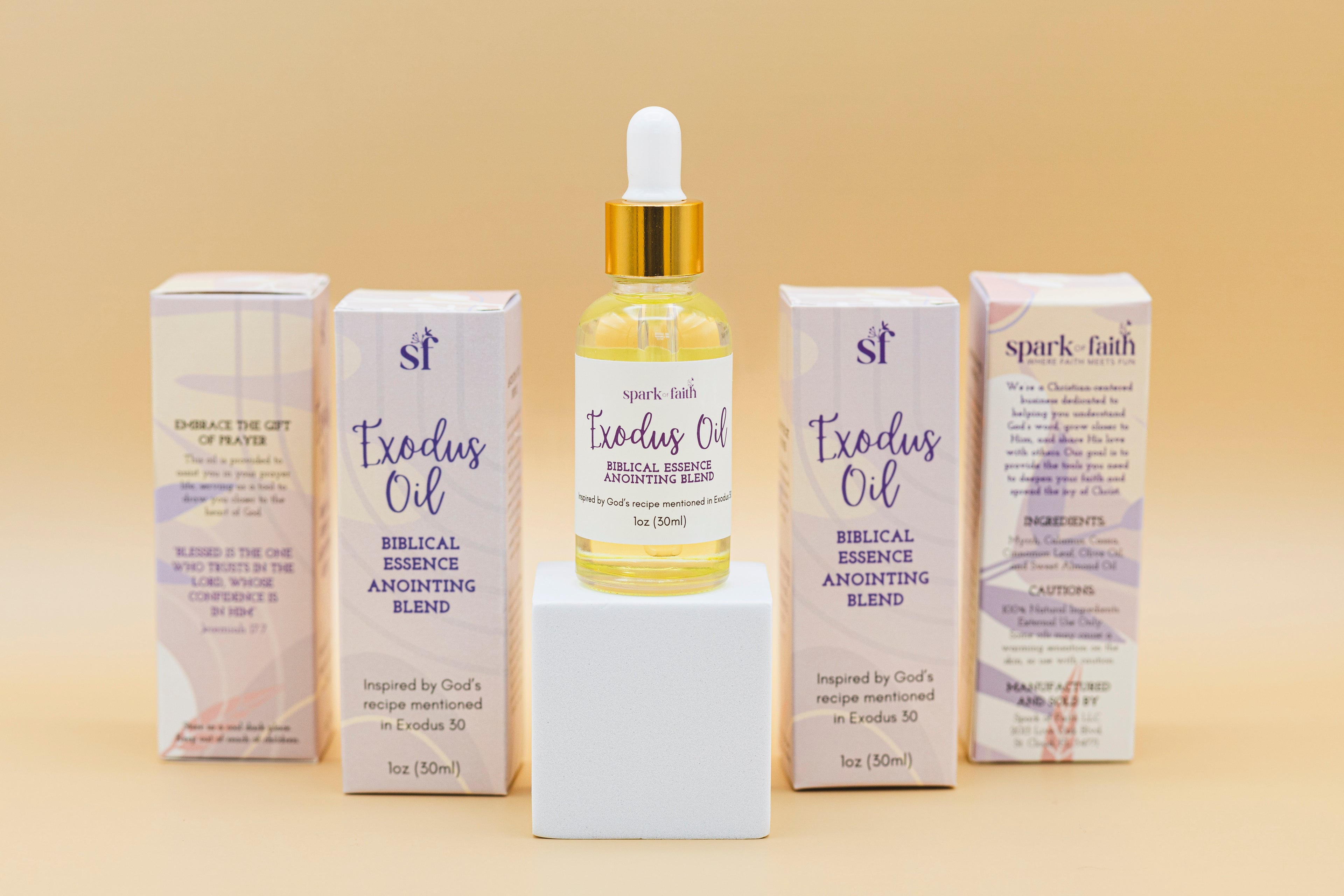 Spark of Faith Exodus Anointing Oil packaging and bottle displayed together, featuring a sleek design with faith-inspired details, perfect for enhancing prayer and devotion.