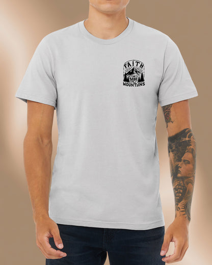 Athletic grey t-shirt featuring a bold mountain design and the phrase “Faith Can Move Mountains.” Front of the shirt