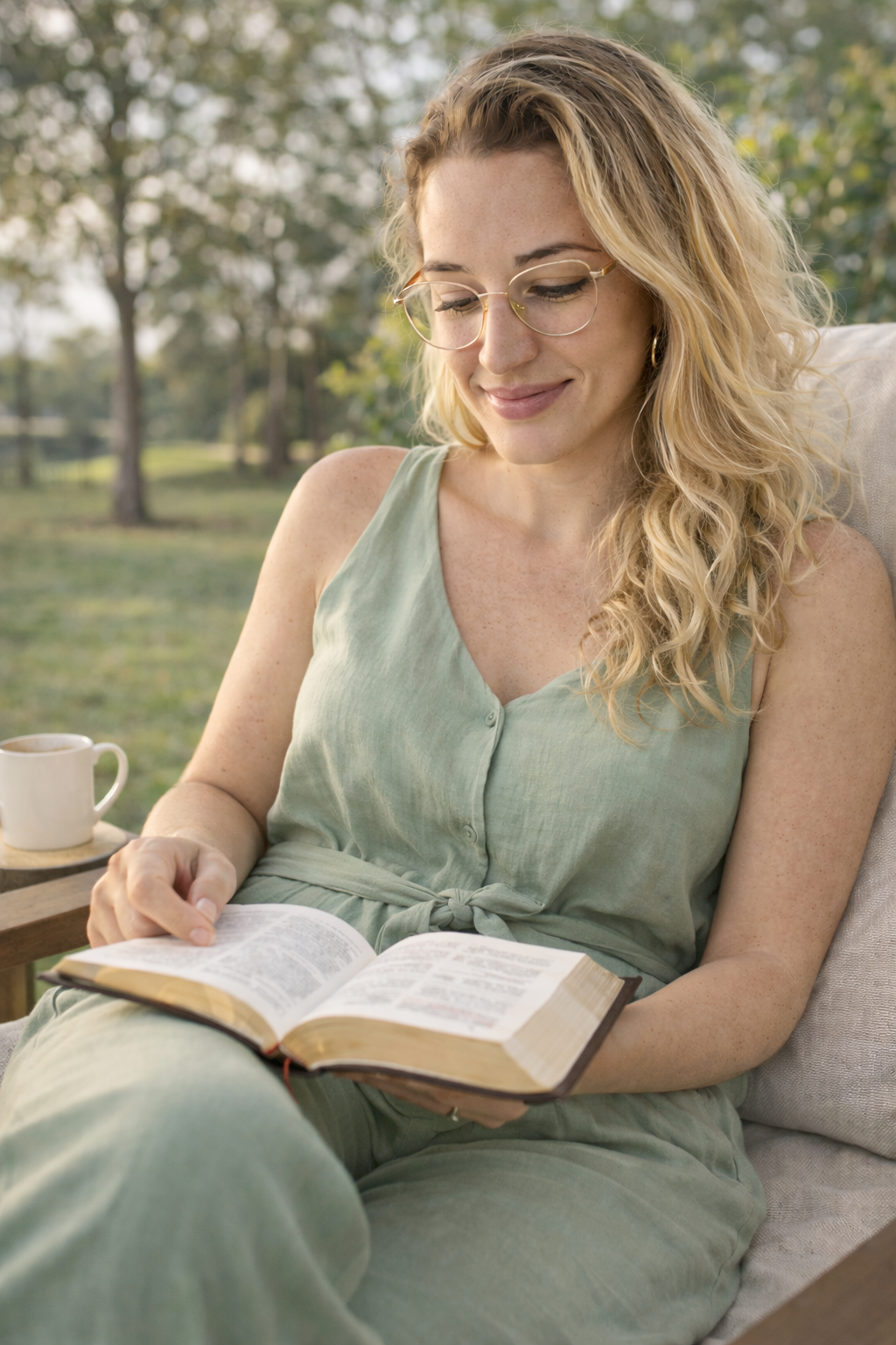 Woman in a green dress reading a book outdoors with trees in the background