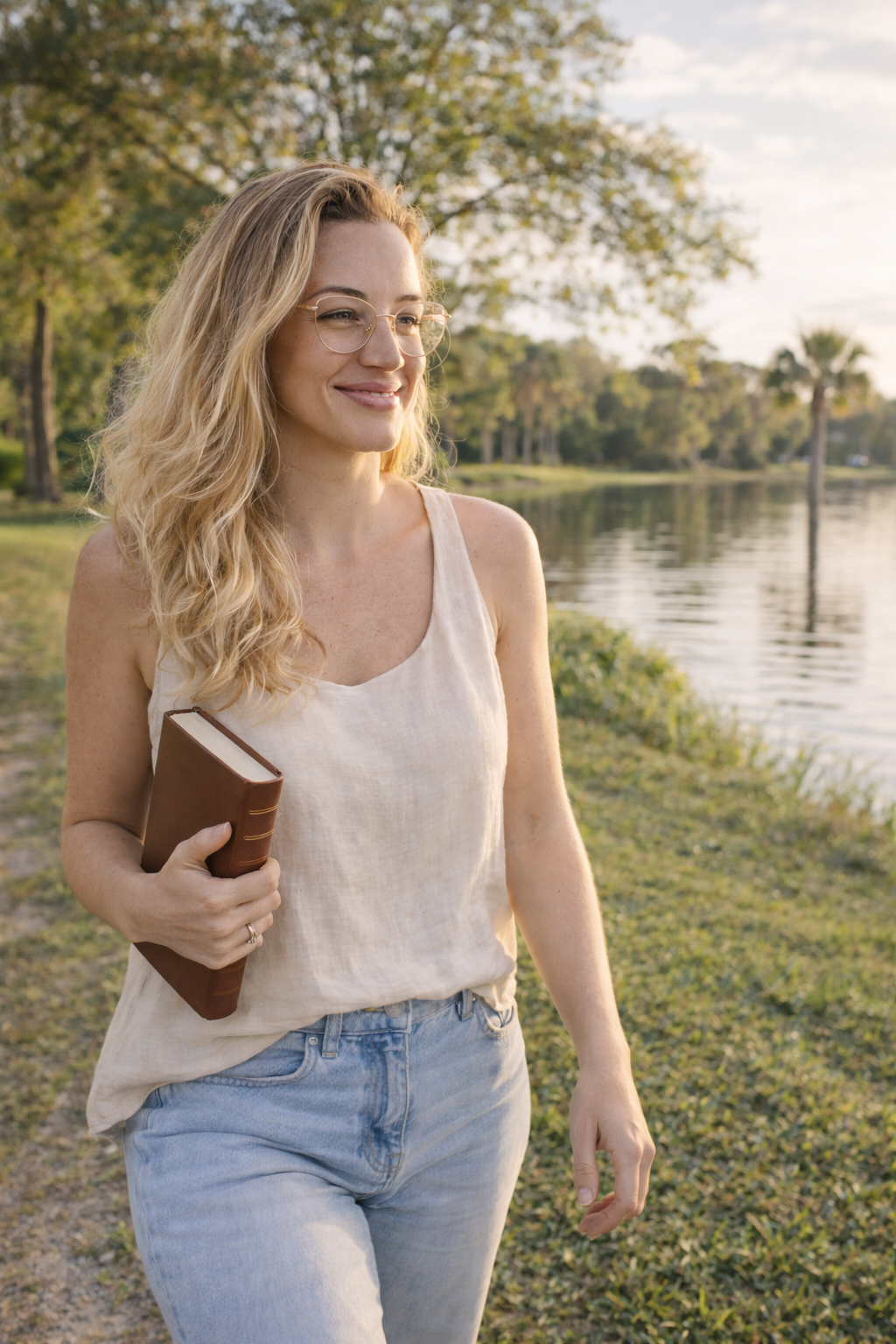 Woman walking outdoors by a lake holding a book