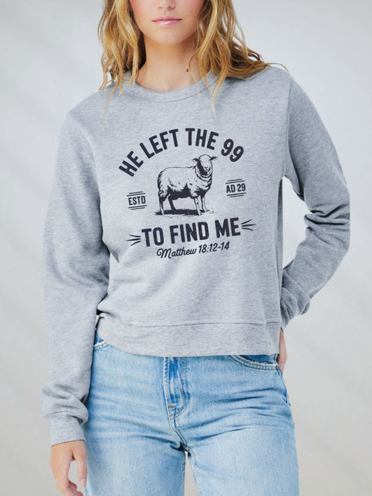 Full body view of He Left the 99 Christian mid-length sweatshirt in athletic heather with scripture-inspired print.