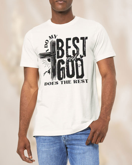 Man wearing a vintage white Christian t-shirt that reads “I Do My Best and God Does the Rest” with a cross design in black print.