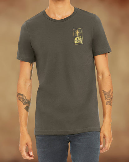 Front view of a Christian men’s tee with a cross and Wi-Fi signal icon and the words “Connect to God – The Password Is Prayer.”