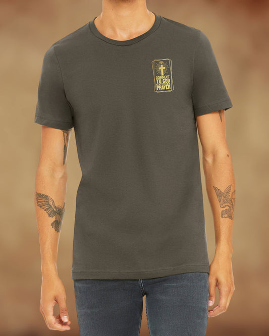 Front view of a Christian men’s tee with a cross and Wi-Fi signal icon and the words “Connect to God – The Password Is Prayer.”