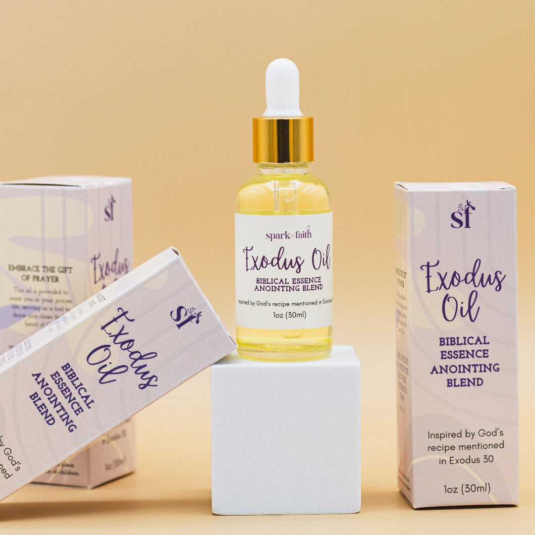 Spark of Faith Exodus Anointing Oil packaging and bottle displayed together, featuring a sleek design with faith-inspired details, perfect for enhancing prayer and devotion.