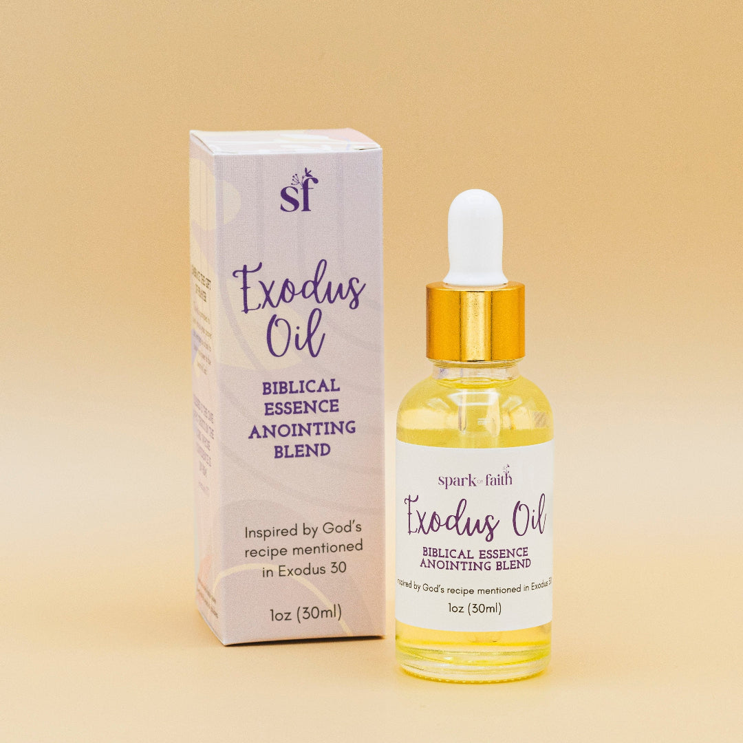 Spark of Faith Exodus Anointing Oil packaging and bottle displayed together, featuring a sleek design with faith-inspired details, perfect for enhancing prayer and devotion.