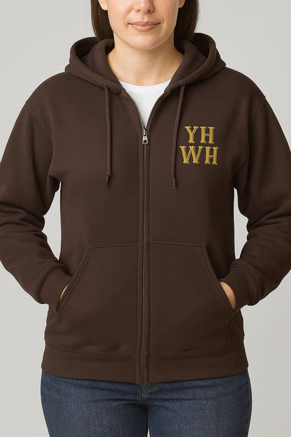 Dark chocolate full-zip hoodie featuring YHWH design on the left chest