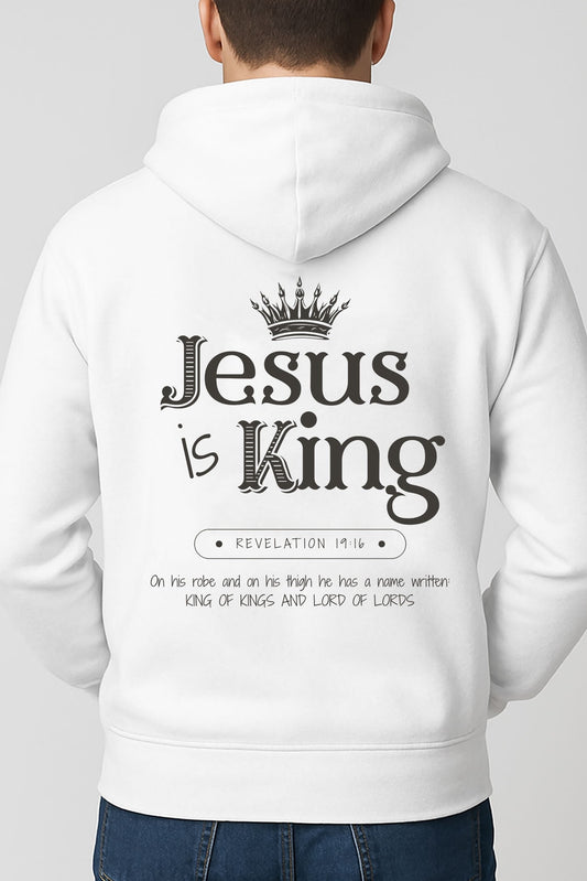Man wearing white Christian hoodie with “Jesus is King” Revelation 19:16 design on the back