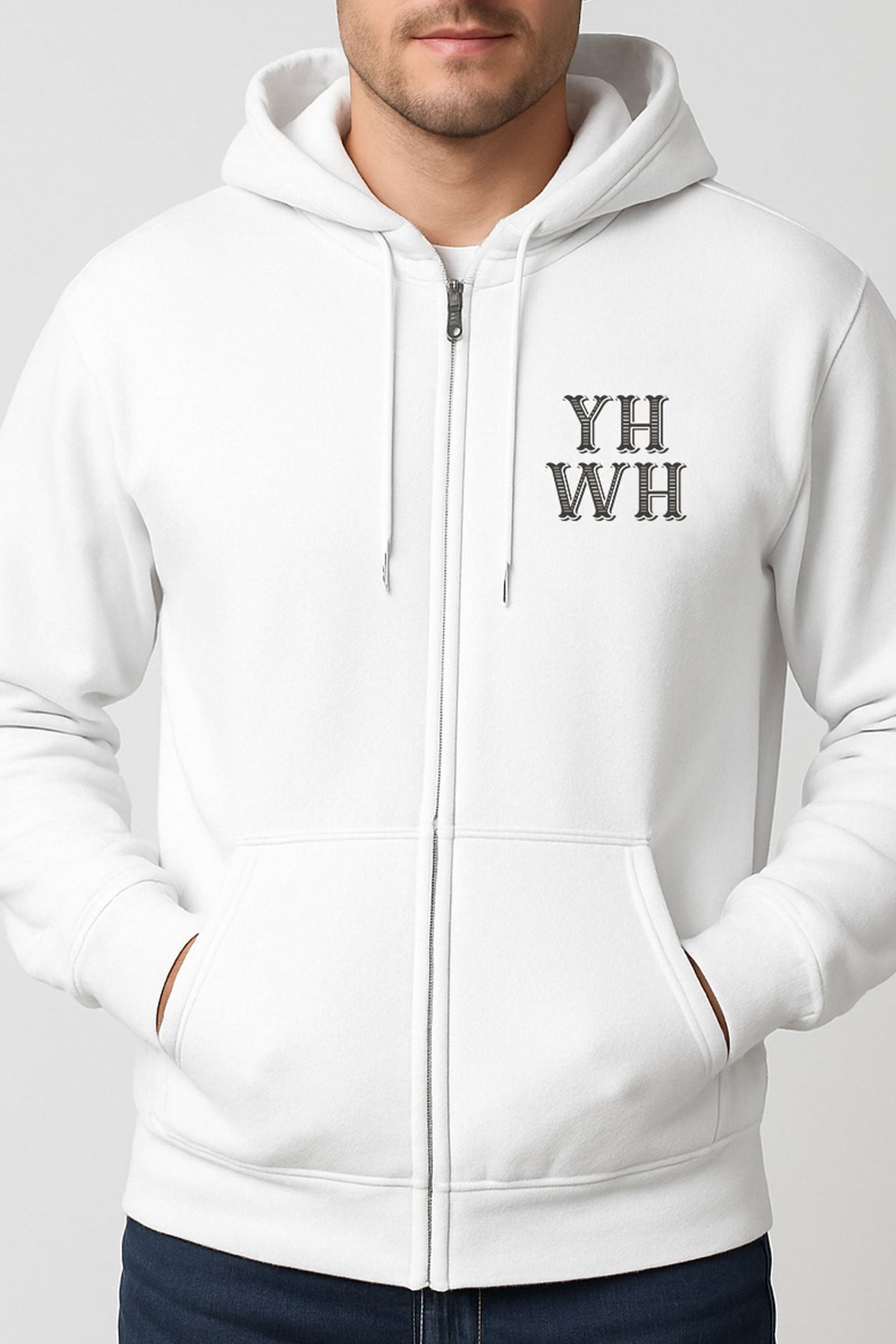 Man wearing white Christian hoodie with YHWH design on the front