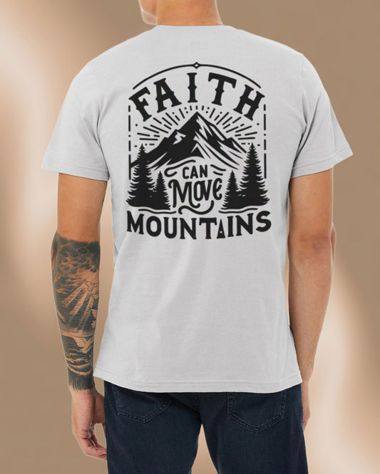 Athletic grey t-shirt featuring a bold mountain design and the phrase “Faith Can Move Mountains.”