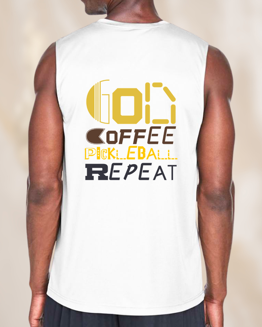 Back view of a men’s white sleeveless pickleball performance shirt featuring the phrase “God Coffee Pickleball Repeat” in a bold multicolor design.