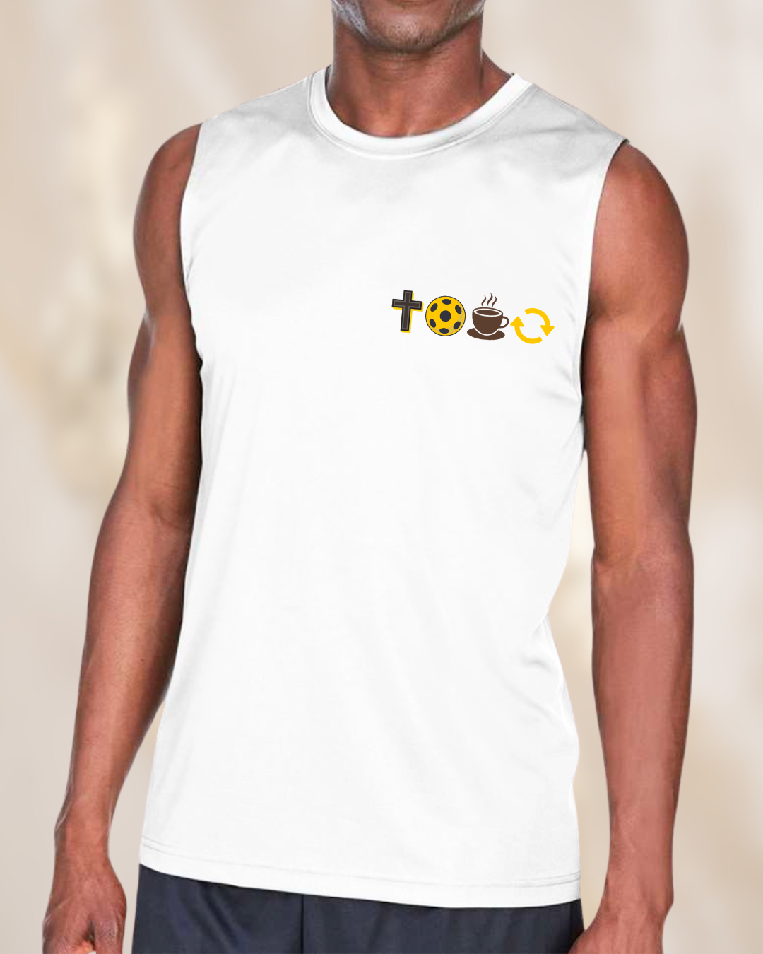 Men’s white sleeveless pickleball performance shirt featuring Christian icons representing God, pickleball, coffee, and repeat on the left chest.