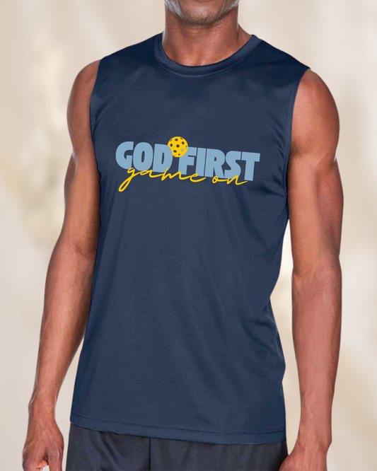 Man wearing a navy blue sleeveless pickleball performance shirt with the Christian message “God First Game On.”