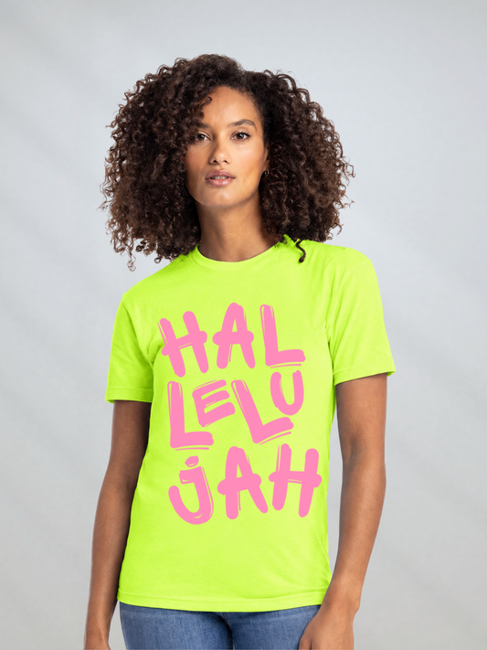 Unisex neon yellow Christian T-shirt featuring a bold pink Hallelujah design on the front.