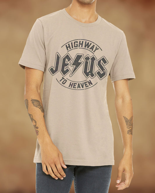 Tan Christian t-shirt with bold “Highway to Heaven – Jesus” design printed on the front.