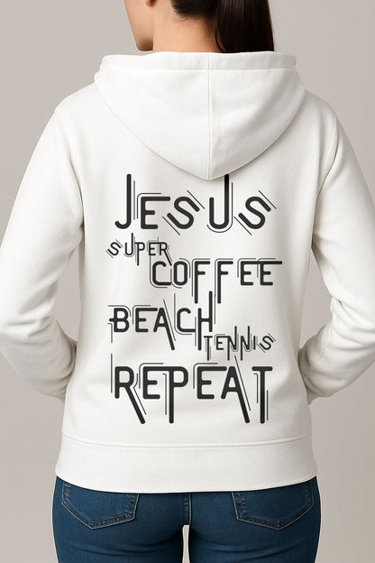 White zip hoodie with Jesus Coffee Beach Tennis Repeat Christian design on the back