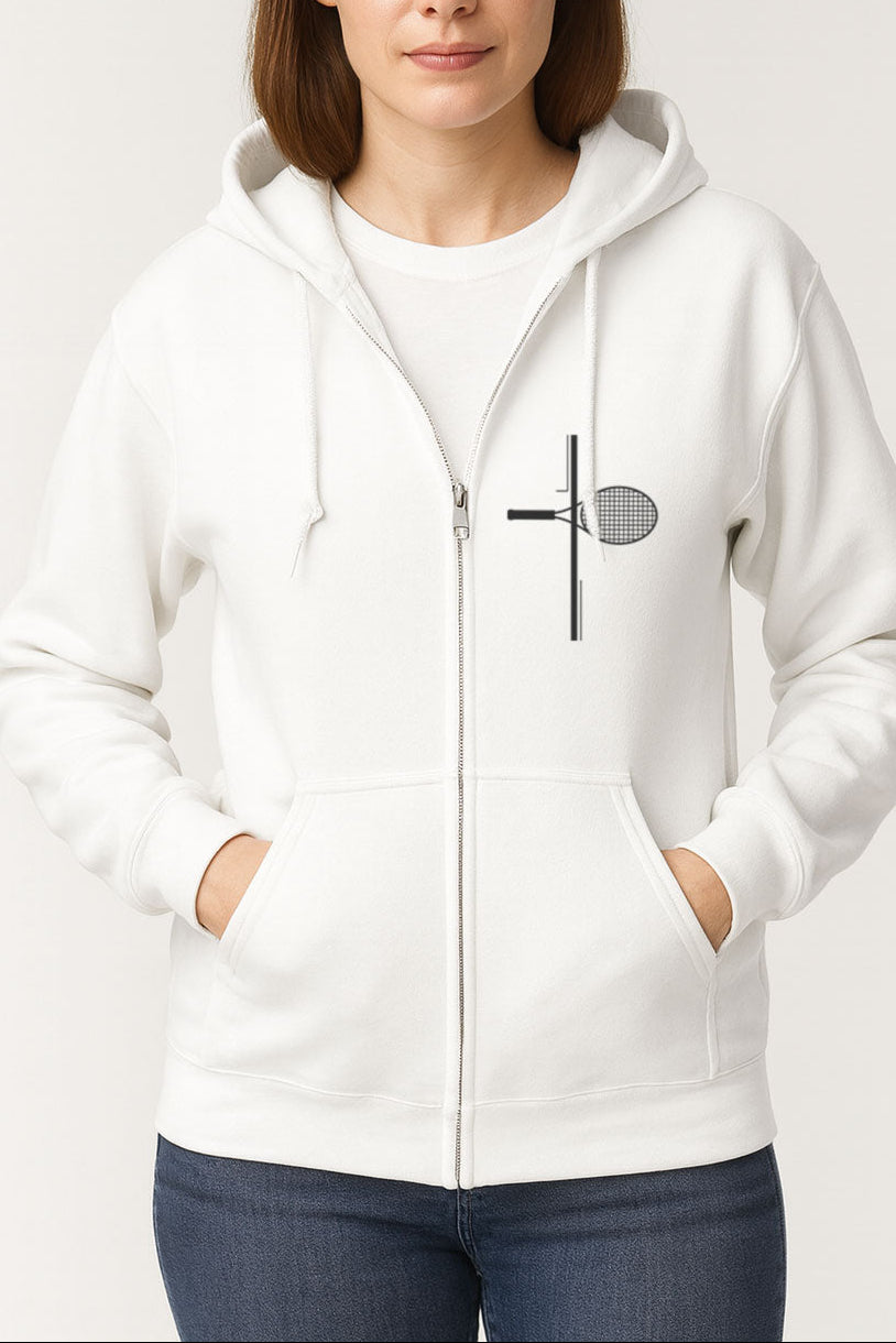White zip hoodie with Christian cross and beach tennis racket design on the front.