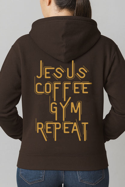 Back view of dark chocolate zip-up hoodie with Jesus Coffee Gym Repeat design in yellow gold.