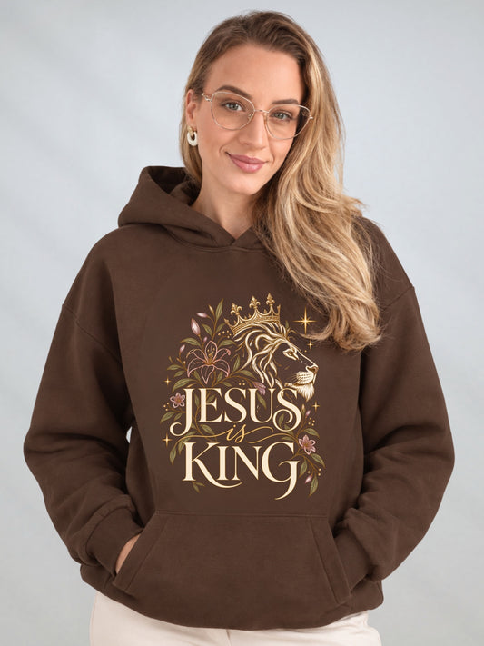 Jesus Is King Christian unisex fleece hoodie sweatshirt in brown