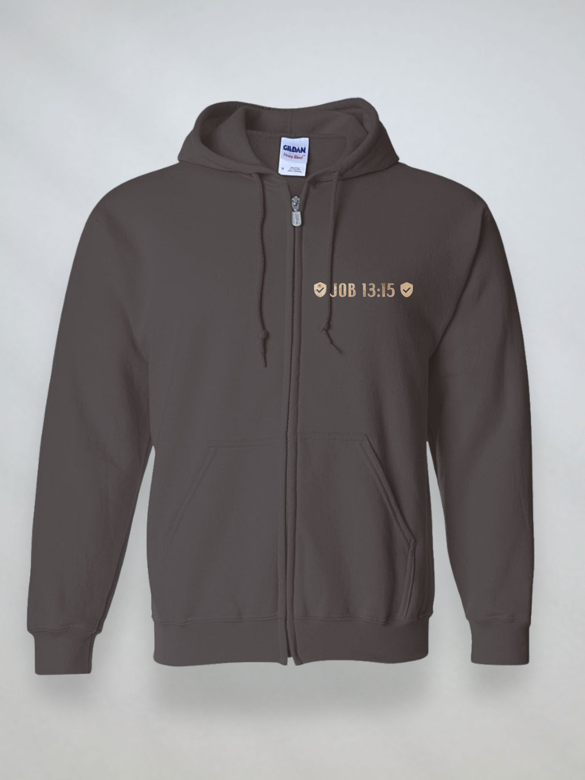 Front view of dar chocolate Christian zip hoodie with Job 13:15 chest detail