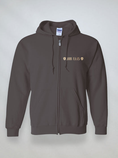 Front view of dar chocolate Christian zip hoodie with Job 13:15 chest detail