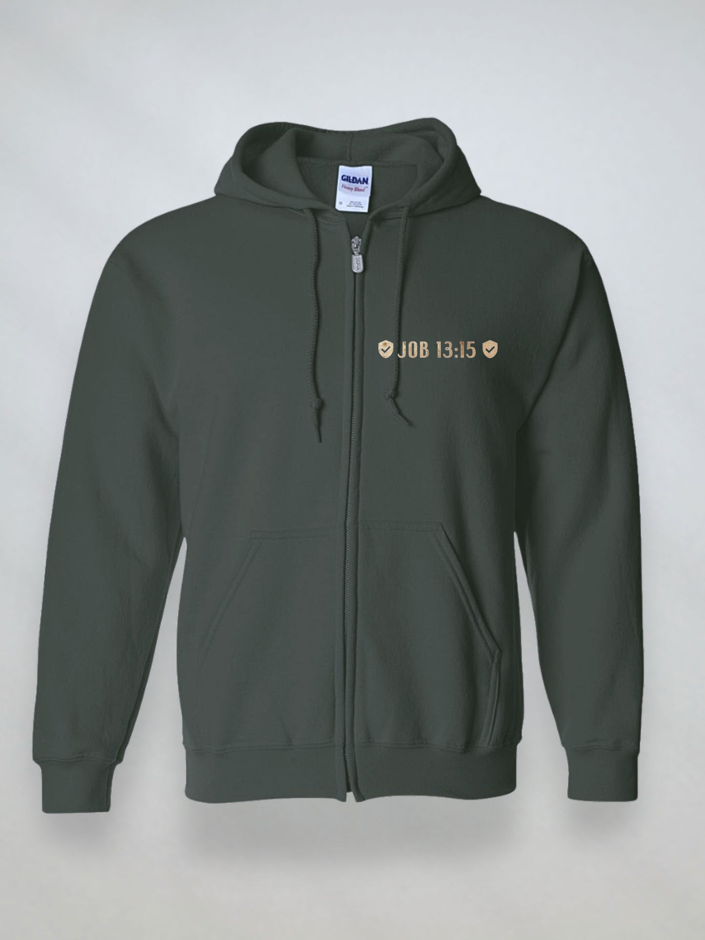 Front view of dark green Christian zip hoodie with Job 13:15 printed on the chest