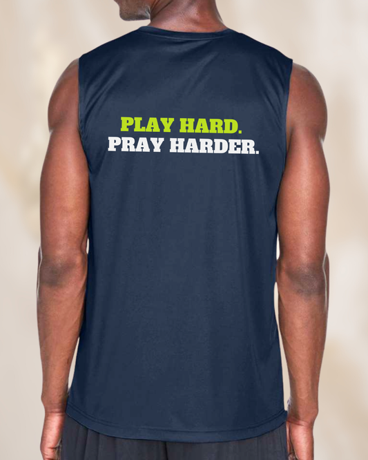Back view of a men’s navy blue sleeveless pickleball performance shirt featuring the phrase “Play Hard. Pray Harder.” in bold lettering.