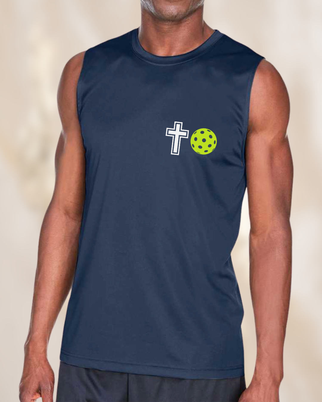 Men’s navy blue sleeveless pickleball performance shirt featuring a cross and pickleball graphic on the left chest.